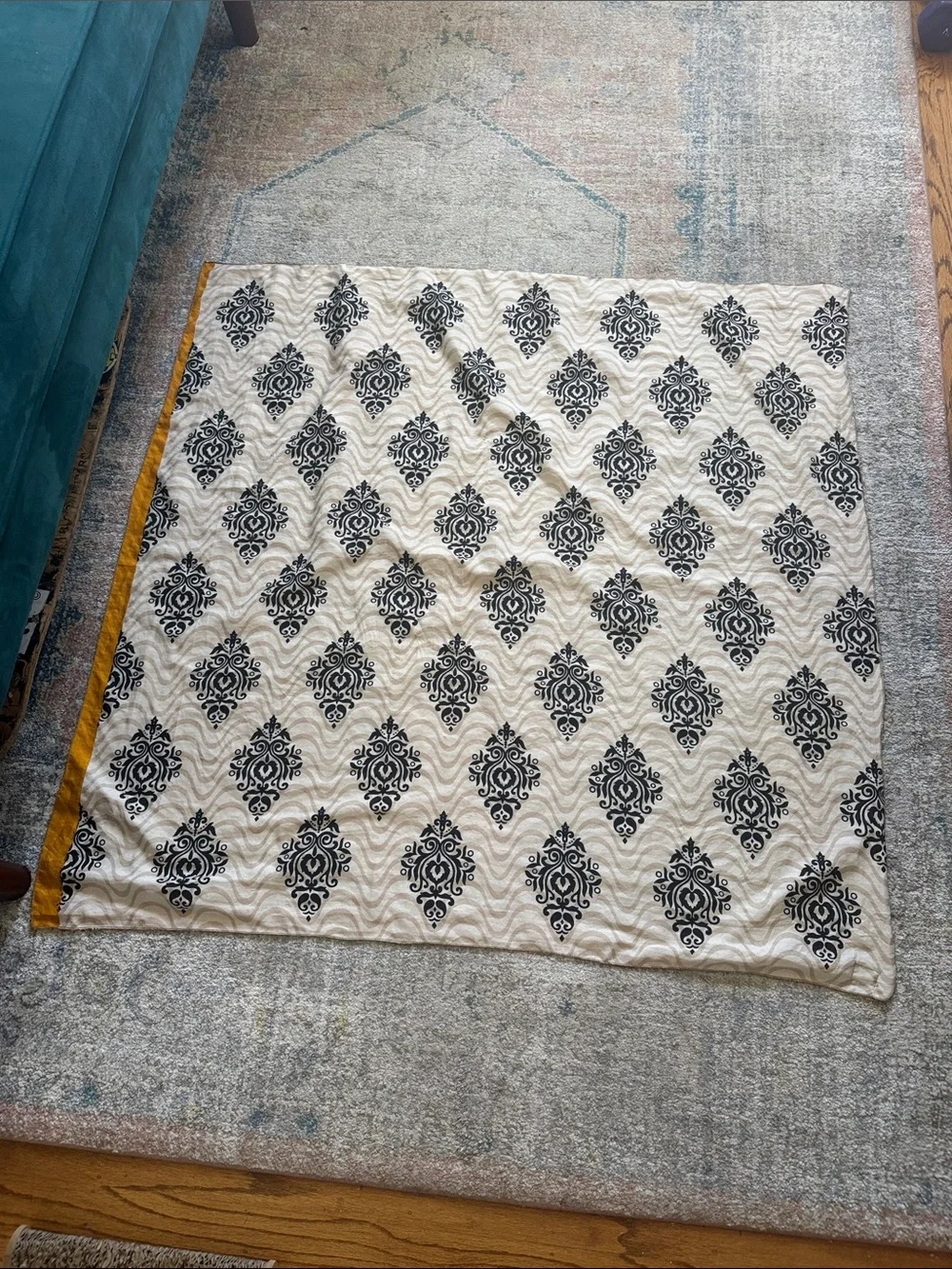 Cream and Black Printed Silk Scarf with Mustard Trim